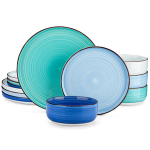 Service de vaisselle en céramique motif spirale peint à la main – Ensemble 12, 18 ou 24 pièces avec assiettes et bols
