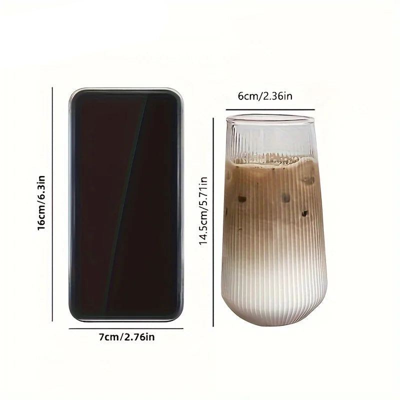 Tasse en verre transparent à rayures verticales avec couvercle et paille – Ensemble 4 ou 6 pièces