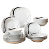 Ensemble de vaisselle en porcelaine noire 24 pièces – Assiettes plates, creuses et à dessert avec motif lignes