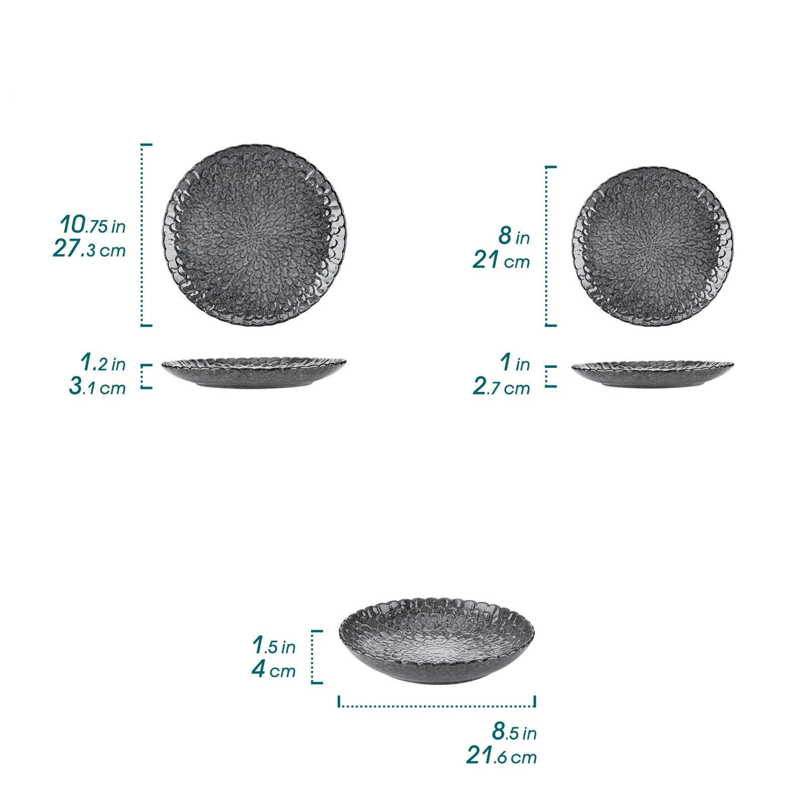 Service de vaisselle en grès gris texturé – Ensemble 12 ou 24 pièces avec assiettes dîner, dessert et soupe