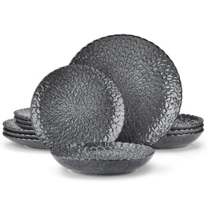 Service de vaisselle en grès gris texturé – Ensemble 12 ou 24 pièces avec assiettes dîner, dessert et soupe