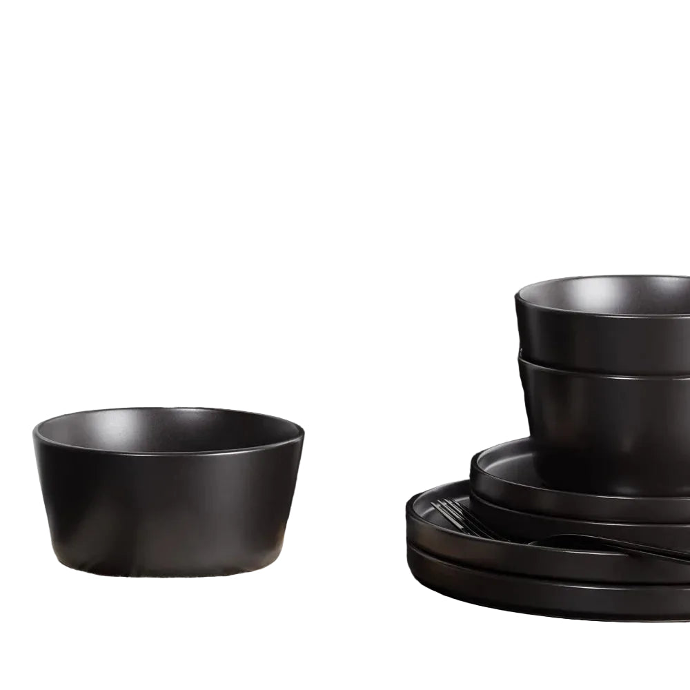 Service de table en céramique noir mat 16 pièces – Assiettes et bols compatibles lave-vaisselle et micro-ondes