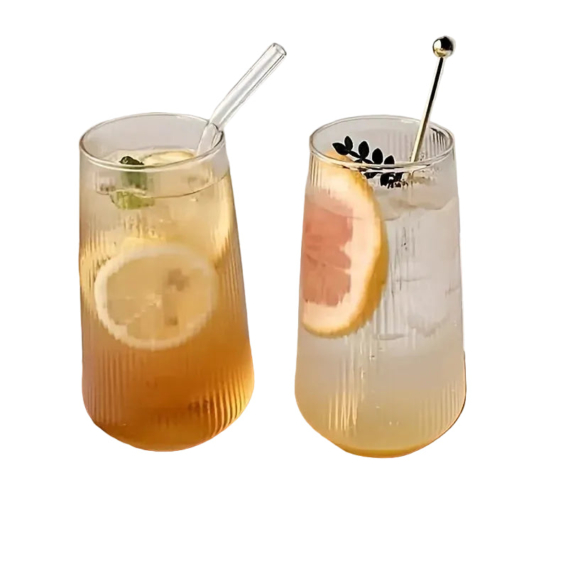 Tasse en verre transparent à rayures verticales avec couvercle et paille – Ensemble 4 ou 6 pièces